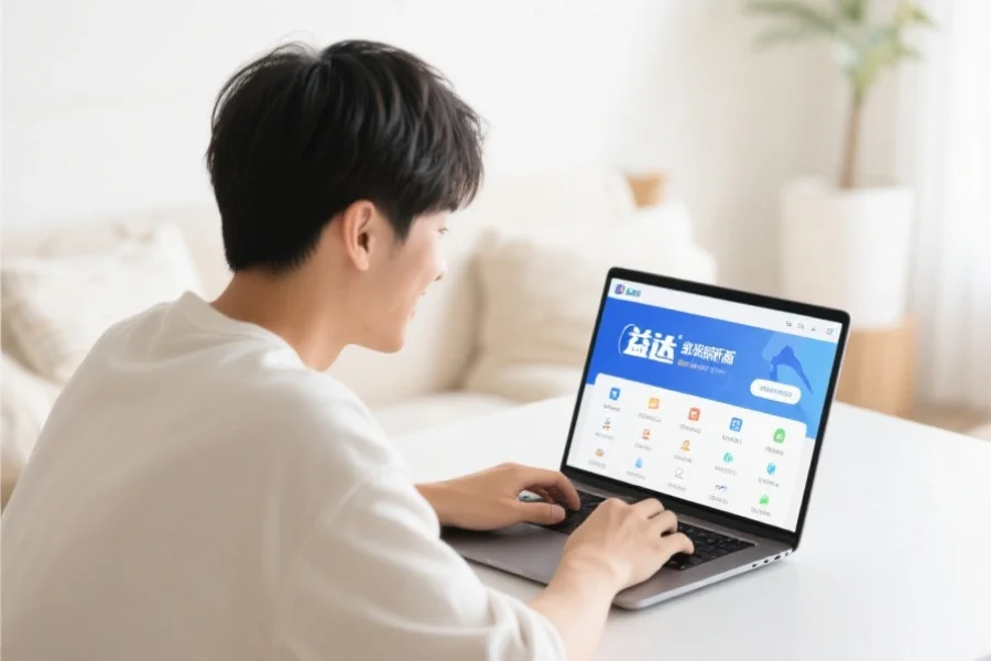一位年轻用户在明亮舒适的室内环境中愉快地使用笔记本电脑，屏幕上展示蓝狮客户端新版界面